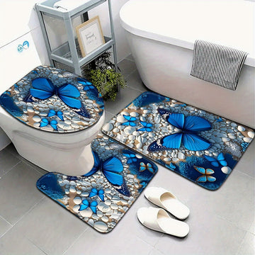 3 piezas, alfombrilla de baño con diseño de mariposa azul y piedra blanca, funda de asiento de inodoro y alfombrilla de pies en forma de U