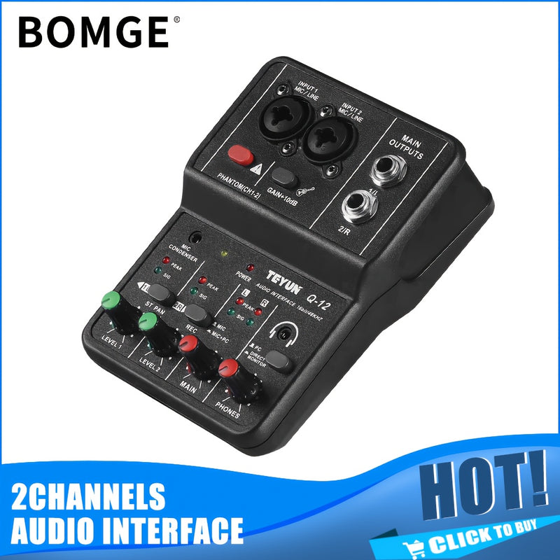 BOMGE Q12 2 canales de interfaz de audio portátil - Mezclador mini USB profesional para guitarra, voces y grabación de estudio, 36V o menos, material ABS negro, 2 canales, 2 canales de interfaz de audio | Mezclador compacto | Construcción duradera
