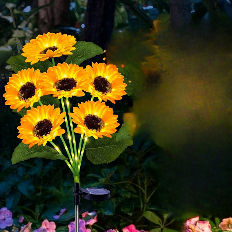 Poste verde con luces, girasol de cabeza grande, alimentado por energía solar, disponible en paquetes de uno o dos.
