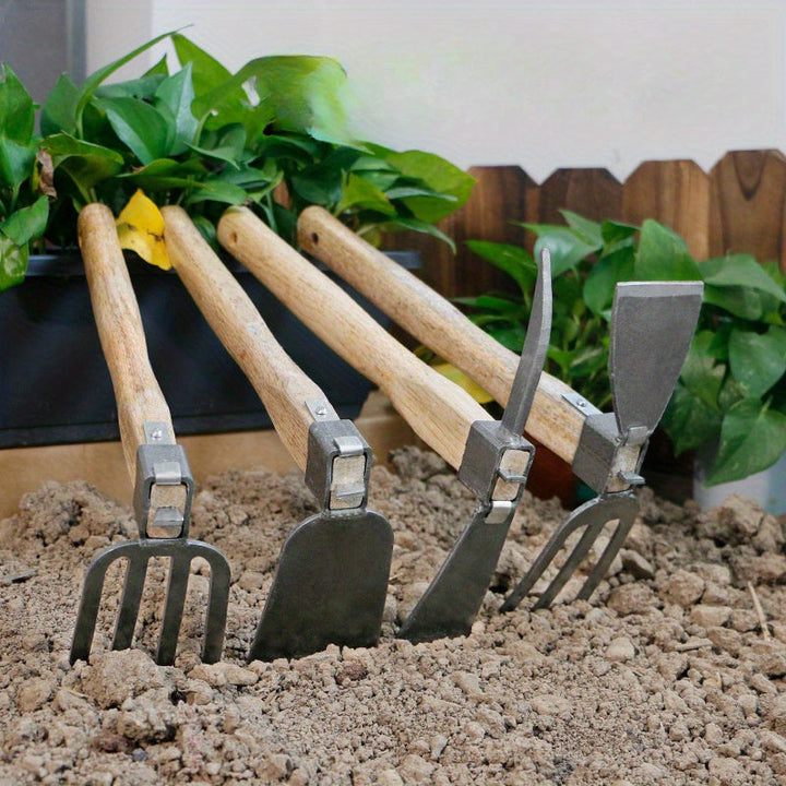 Hacha de doble cara de gran resistencia con mango de madera - Ideal para plantar flores y verduras, jardinería en casa y proyectos de arte | Cabeza de metal robusta, dientes afilados, herramienta de jardinería