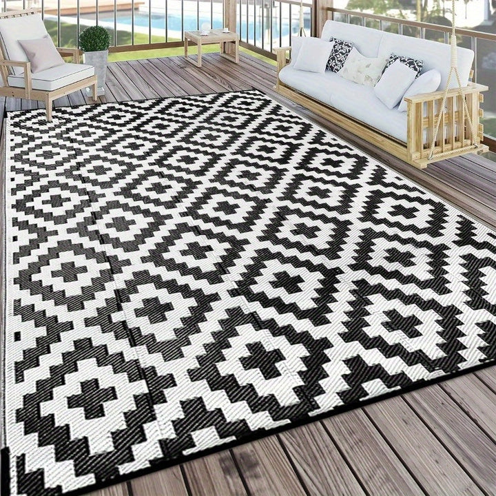 Alfombra Exterior de Poliéster 100% Premium - Patrón Geométrico y Blanco Duradero Lavable en Máquina para Interior/Exterior, Patio, Terraza, Camping, Entrada, Alfombras para Puerta Principal, Decoración de Patio