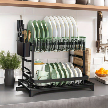 Escurridor de metal antioxido con diseño de doble capa + portavasos + organizador de utensilios + ranura para tabla de cortar — esencial ahorrador de espacio para cocinas pequeñas, estilo moderno en blanco y , adecuado para todas las estaciones