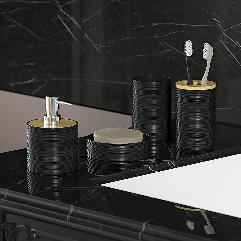 Juego de 4 accesorios modernos para baño: portacepillos de plástico, jabonera, vaso para enjuague bucal y botella con bomba de loción con diseño rayado y tapa de bambú, decoración para el cuarto de baño