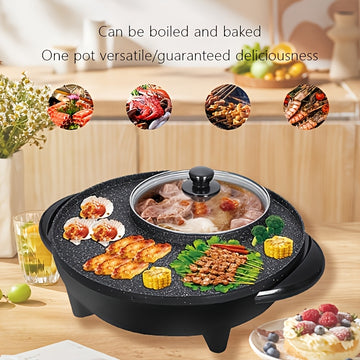 Versátil 2-en-1 Olla Eléctrica y Sartén para Parrilla - Sin Humo, Antiadherente de Aluminio, Bandeja para Barbacoa y Horneado de Doble Propósito, Enchufe US de 110-130V para Cocinar en Casa