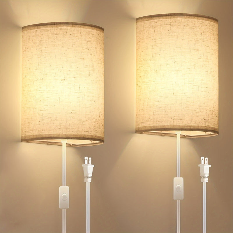 2 apliques de pared modernos de lino con interruptor de encendido/apagado, apliques de metal semiincrustados para dormitorio y sala de estar - Lámparas de pared de bajo consumo, accesorio de iluminación para el hogar