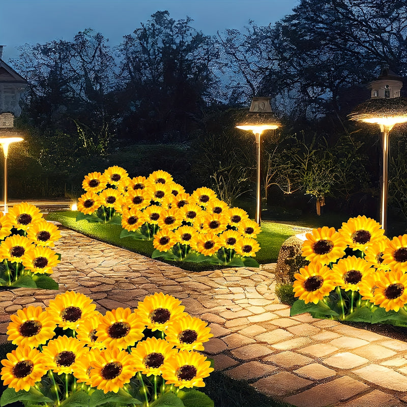 Poste verde con luces, girasol de cabeza grande, alimentado por energía solar, disponible en paquetes de uno o dos.
