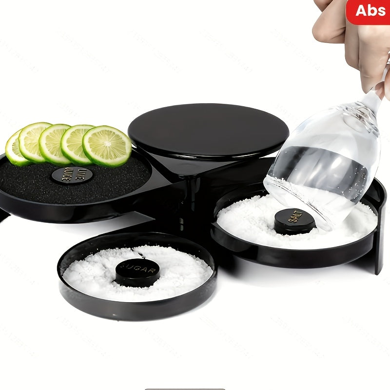 Caja de condimentos para cócteles de 3 niveles en plástico negro - Margarita, sal, azúcar y jugo, con tazas medidoras y tapas para bar en casa
