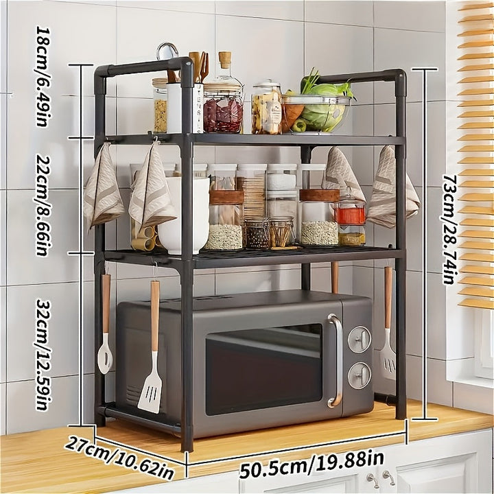 Estante expandible de 2 niveles con ganchos para microondas, soporte metálico para cocina, ideal para pan, repisa de microondas y almacenamiento multipropósito