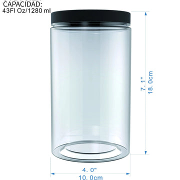 6pcs Tarros de Almacenamiento de Alimentos PET Transparentes de 43oz con Tapas Negras Lisas - Sin BPA, Boca Ancha para Vertido y Limpieza Fácil - Perfectos para la Organización del Despensa de la Cocina