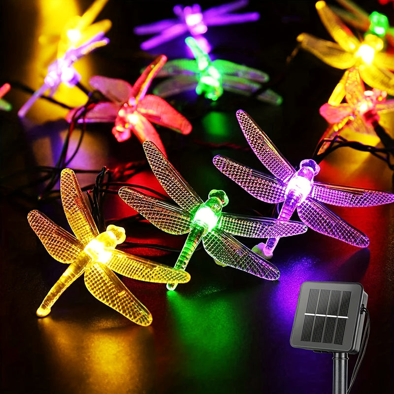 Luces de Cuerda Solar Libélula, 20 LEDs, 8 Modos, Plástico, Tema Animal, Control con Botón, Batería de Níquel 600mAh No Extraíble, para Jardín, Bodas, Árbol, Navidad y Decoración de Halloween