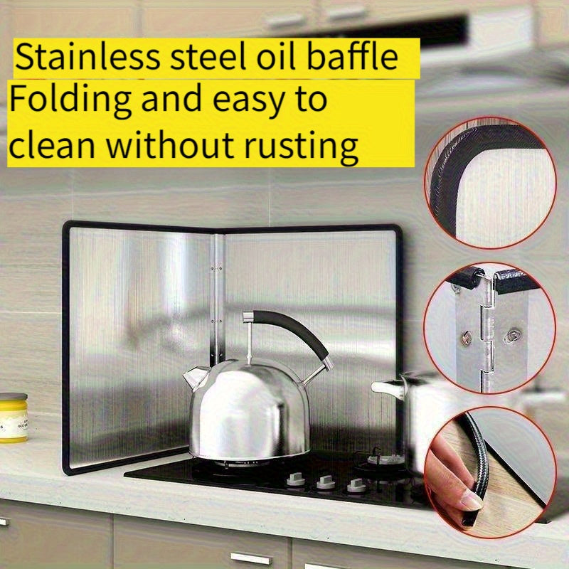 Protector de Cocina Plegable Doble Cara de Acero Inoxidable Resistente - Antigrasa con Superficie Antiadherente, Diseño Ahorrador de Espacio y Bordes de Goma Fáciles de Limpiar - Para Estufas a Gas/Eléctricas, Montaje en Pared o Encimera - Ideal para Coc