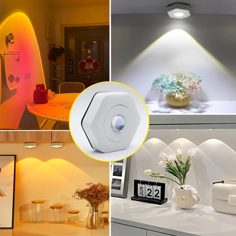 1 Pieza, Luz De Proyección De Atardecer Con Forma Hexagonal De Ojo De Gato Blanco, Luz De Proyección De Atardecer LED Táctil Regulable, Iluminación De Gabinete Con Alimentación De Batería