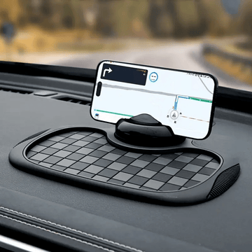 Alfombrilla para Salpicadero de Coche con Soporte Giratorio para Teléfono y Placa de Matrícula - Antideslizante en PVC, Alta Calidad, Diseño Ovalado Ergonómico para Mayor Agarre y Conducción Segura