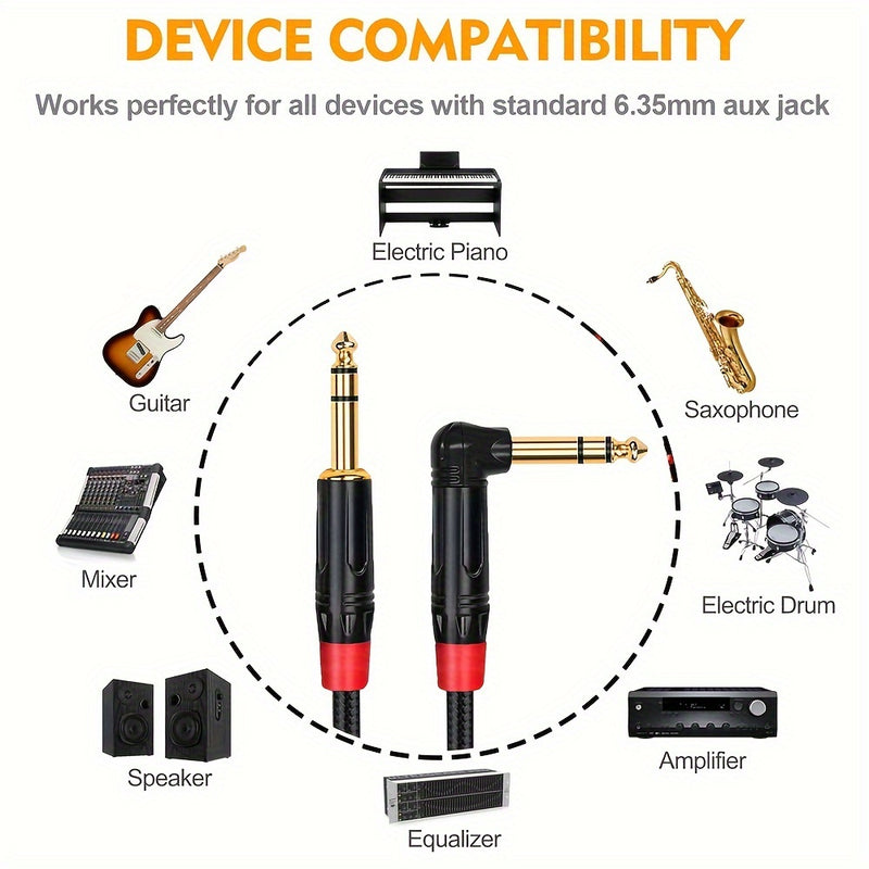 2pcs Cable de Instrumento TRS de Alta Calidad de 1/4 Pulgada - Ángulo Recto y Recto Macho a Macho Interconexión de Audio Estéreo, Jack de 6.35mm Chapado en Oro para Sonido Cristalino - Compatible con Bajo, Teclado, Mezclador, Amplificador - Duradero, Fle