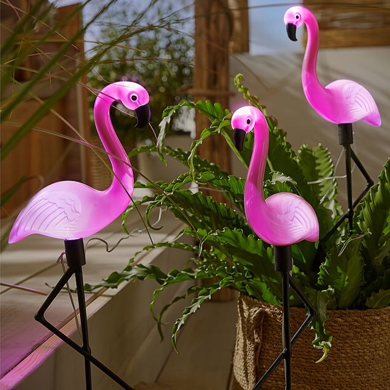 Juego de 3 luces solares de flamencos, decoración para jardín exterior, adorno de flamencos, regalo para cumpleaños, Navidad o casa nueva, ideal para patio, césped o pasillos