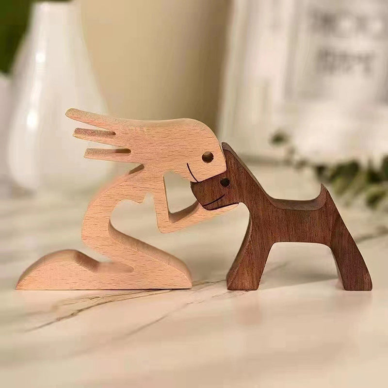 Figura de Perro de Madera Hecha a Mano - Escultura Encantadora de Familia y Mascota para Decoración de Hogar u Oficina, Regalo Perfecto para San Valentín o Navidad