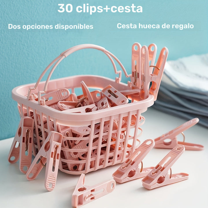 30pcs Pinzas de Plástico Duraderas con Cestas Independientes - Clips Portátiles para Secar Ropa y Sábanas para el Hogar y Esenciales de Viaje, Secadora de Ropa, Estantes de Secado