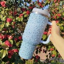 Térmico de acero inoxidable con incrustaciones de perlas, 40 oz, con asa y popote, gran capacidad, reutilizable, solo lavado a mano, ideal para el auto, viajes y días festivos