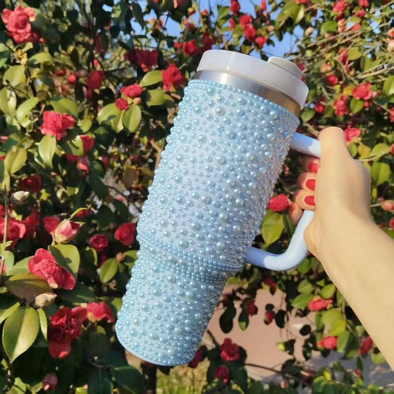 Térmico de acero inoxidable con incrustaciones de perlas, 40 oz, con asa y popote, gran capacidad, reutilizable, solo lavado a mano, ideal para el auto, viajes y días festivos