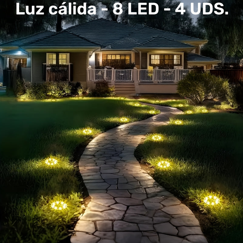 8 luces solares mini enterradas, lámpara solar de acero inoxidable para exteriores, iluminación de paisaje impermeable para patios, jardines, carreteras, aceras y césped, luz blanca + luz cálida, clasificación IP65, material de cobre, carga de panel sola