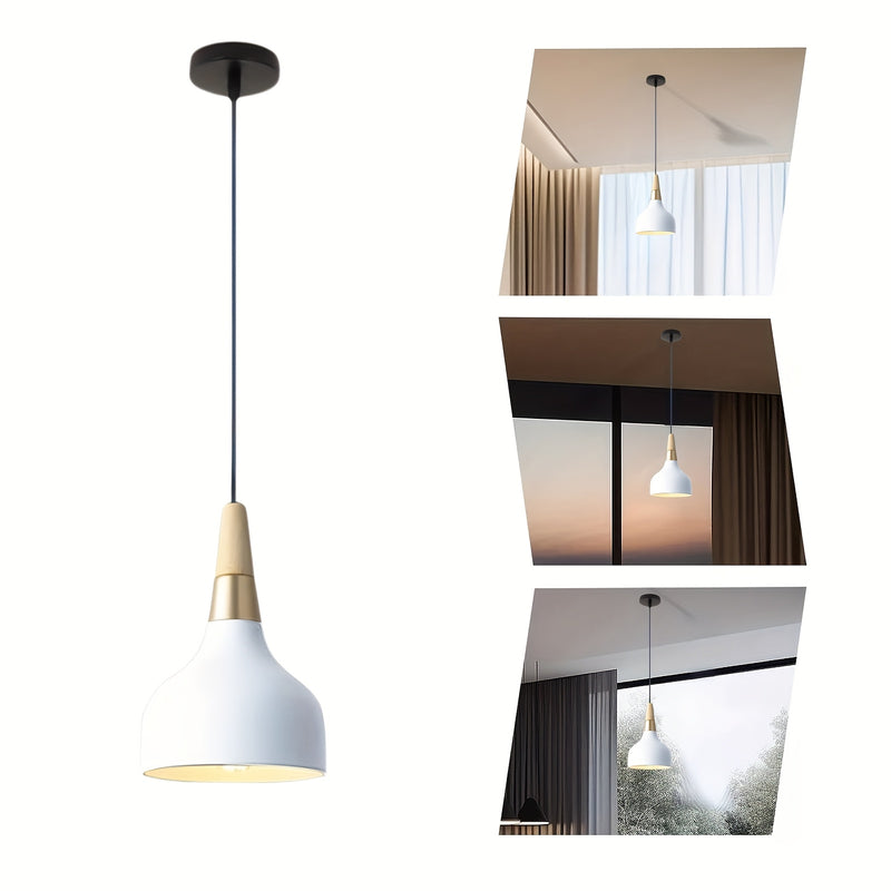 Araña de Luz Colgante E26/27 Estilo Arte Deco Industrial Iluminación de Techo Sencilla Lámpara Nórdica con Pantalla para Comedor, Isla de Cocina o Pasillo (Madera, Blanco)