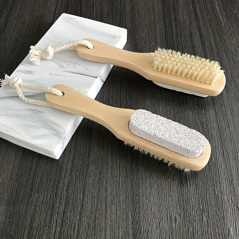 Un juego de 2 en 1 de lima de pies y cepillo con mango de madera - colgando de cuerda | Herramienta suave para masaje y eliminación de luz muerta beige, adecuada para el cuidado de los pies y el cuidado de spa, con gancho de cuerda