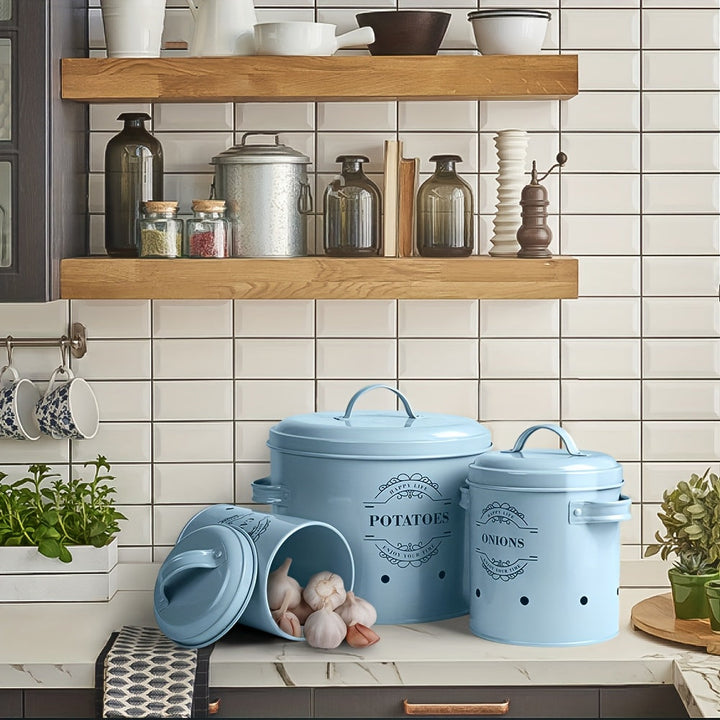Juego de 3 contenedores para almacenar alimentos enlatados de papa, cebolla y ajo, práctico para frutas en conserva, alimentos enlatados y canasta de vegetales