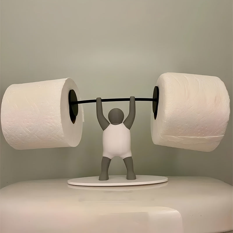 Soporte de rollo de papel higiénico de levantador de pesas divertido, impreso en 3D único, de plástico, sobre el tanque, autosoportante, con levantador de pesas sosteniendo una barra, para decoración de baño y cocina