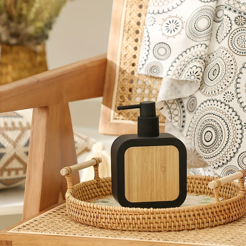 Dispensador de Jabón Negro Elegante con Tapa de Bambú - Plástico Libre de Ftalatos, Ideal para Baño y Cocina, Diseño Independiente, No Necesita Energía, Dispensador de Jabón para Baño