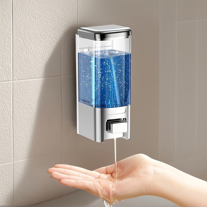 2 dispensadores de jabón sin taladro para montar en pared, con grifo automático sin contacto, dispensador de champú y gel de baño de plástico, fácil instalación para cocina y baño, diseño transparente, plástico duradero