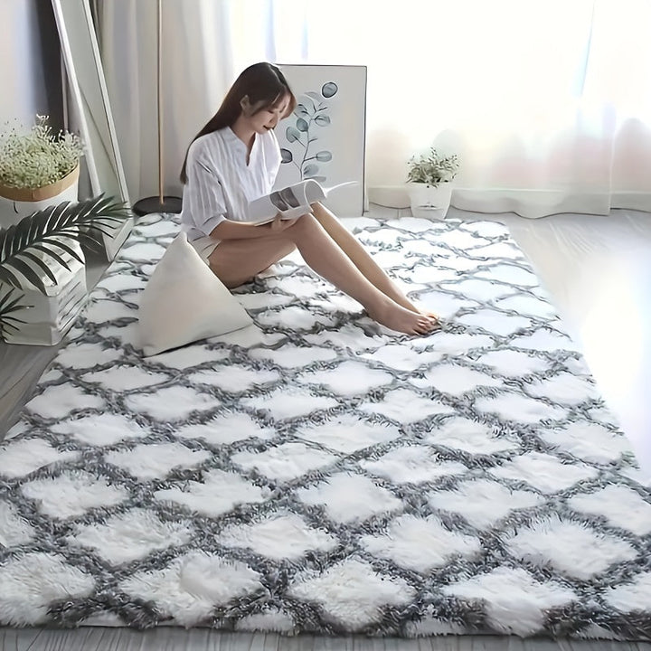 Alfombra de felpa gruesa, 1 pieza, diseño geométrico en gris y blanco, antideslizante, grande para sala, dormitorio o entrada, suave y esponjosa de poliéster con diseño de cuadrícula moderna, alfombra para sala