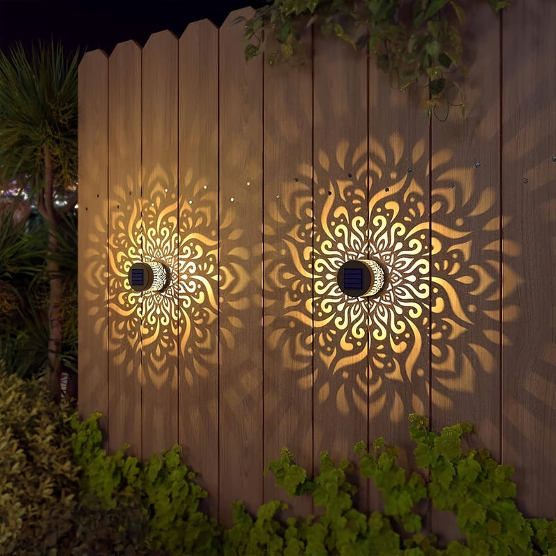 1/2 piezas de luz solar exterior para pared, lámpara LED amarillo cálido, luz de valla de metal con tema solar, adecuada para jardín, patio, balcón, villa, puerta, iluminación de paisaje eficiente en energía