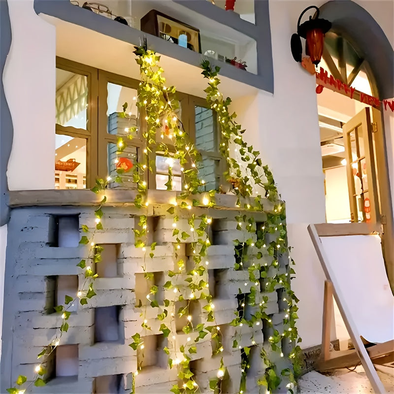 1 ud., Luces de Cadena con Hojas Artificiales de Hiedra Alimentadas por Energía Solar, 50/100 LED en Cable de Cobre para Jardín Exterior, Pared, Balcón, Valla, Árbol, Bodas, Fiestas y Decoración Navideña con 8 Modos