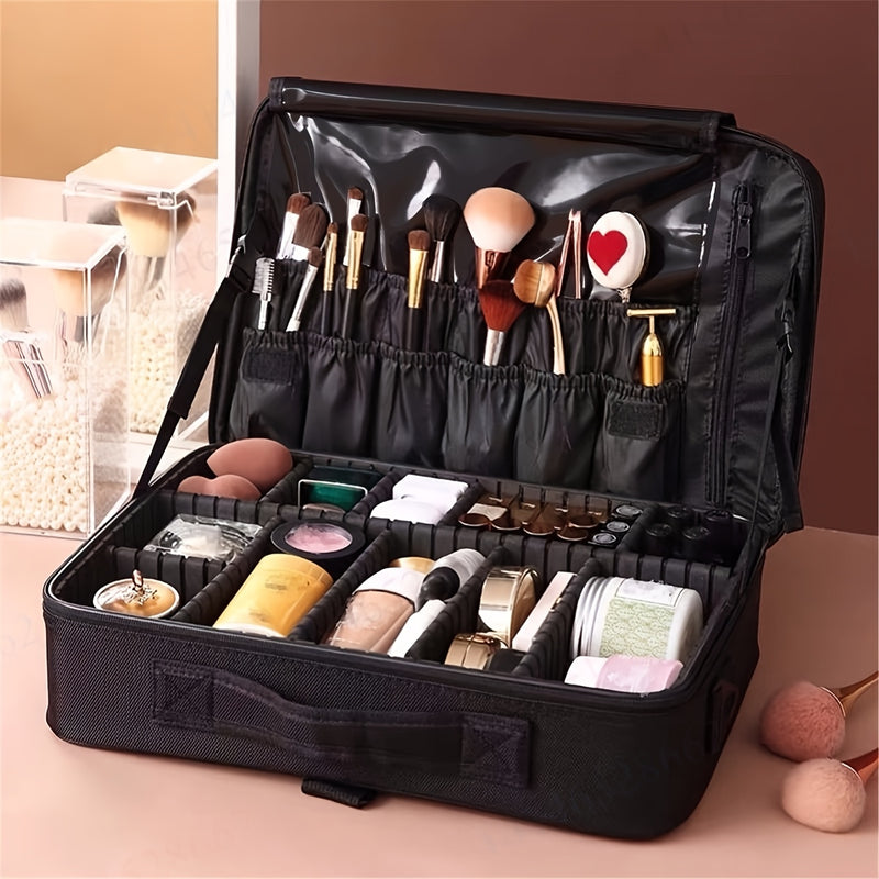 1pc Estuche Organizador de Maquillaje Impermeable de Gran Capacidad con Compartimentos Ajustables, Porta Brochas Desmontable y Espejo, Múltiples Bolsillos para Viajes, Uso Diario y Profesional