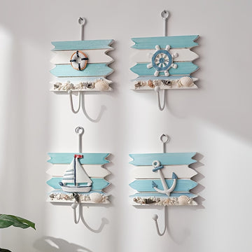 Perchero de madera contemporáneo y ganchos para toallas, organizador de almacenamiento de fácil instalación en la pared para el hogar, hotel, decoración costera - Perchero colgante de temática náutica con velero decorativo, ancla, timón y conchas marinas