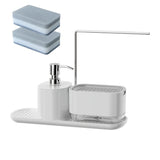 Juego de 1 dispensador de jabón y soporte para esponja 2 en 1 moderno para cocina, acero inoxidable 304, sin necesidad de electricidad o baterías, organizador para mesón de baño con bomba de jabón y dispensador de líquido para lavar platos