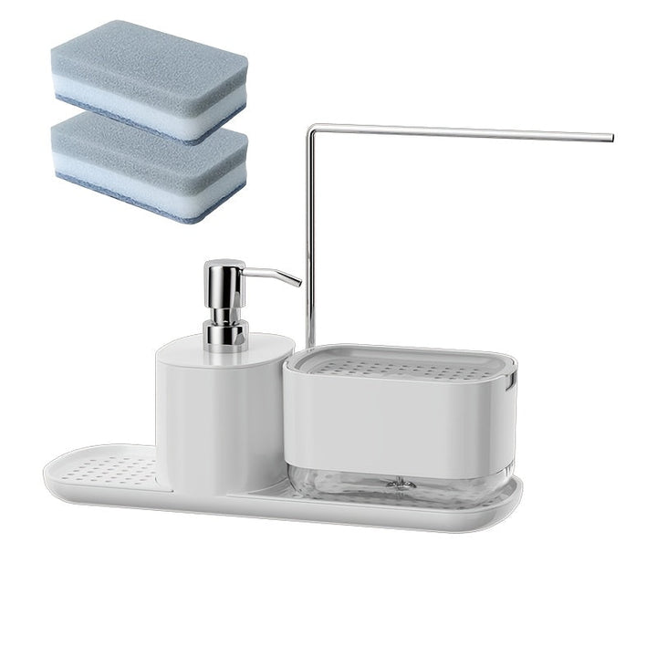 Juego de 1 dispensador de jabón y soporte para esponja 2 en 1 moderno para cocina, acero inoxidable 304, sin necesidad de electricidad o baterías, organizador para mesón de baño con bomba de jabón y dispensador de líquido para lavar platos