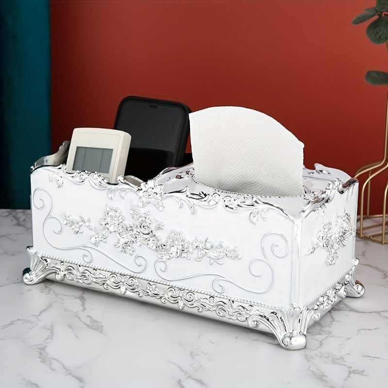 Caja de pañuelos elegante de estilo europeo, soporte rectangular multifuncional de plástico para el hogar, sala de estar creativa personalizada, mesa de café, almacenamiento de control remoto, ideal para decoración del hogar y regalos de vacaciones.