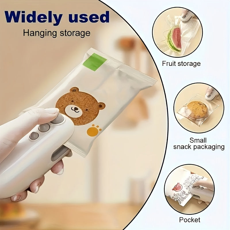 Mini sellador de snacks USB recargable - Sellador de bolsas de plástico manual con diseño de oso lindo, ideal para frutas, snacks y bolsillos, solución portátil de almacenamiento de alimentos, solución de almacenamiento de alimentos | Diseño de oso lindo