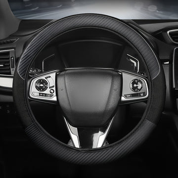 Funda de volante de cuero sintético de ajuste universal con diseño de malla y fibra de carbono - Transpirable, antideslizante, para todas las estaciones, sin anillo interior, se ajusta a la mayoría de los coches, correas de motocicleta | Funda de volante