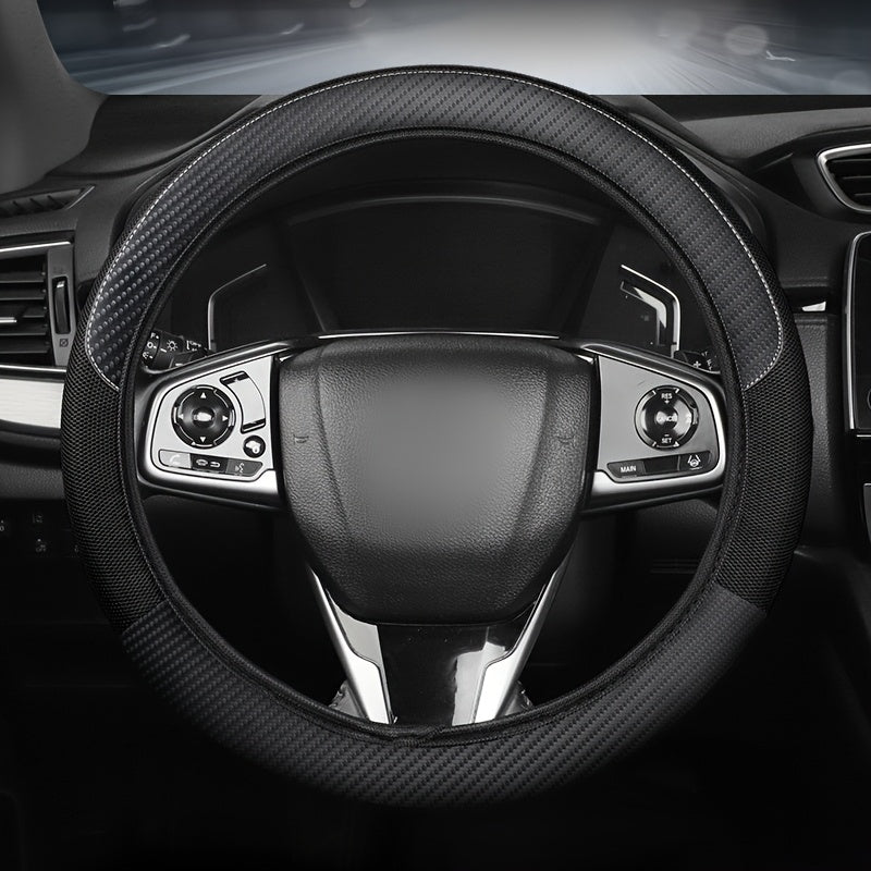 Funda de volante de cuero sintético de ajuste universal con diseño de malla y fibra de carbono - Transpirable, antideslizante, para todas las estaciones, sin anillo interior, se ajusta a la mayoría de los coches, correas de motocicleta | Funda de volante