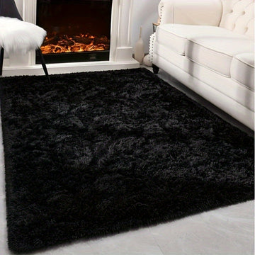 Alfombra de felpa negra de lujo, súper suave, gruesa y esponjosa para sala, dormitorio o estudio, decoración moderna para el hogar, hecha de poliéster resistente, cómoda y acogedora