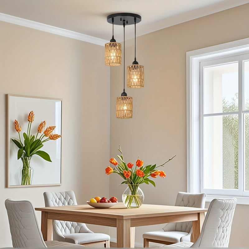 Candelabro de 3 luces estilo bohemio - Sombrilla de ratán tejida a mano, base E27, perfecto para comedor de granja, isla de cocina, sala de estar y decoración de dormitorio (luz no incluida) - Montaje semienterrado, montaje regular