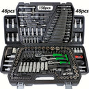 Juego de herramientas mecánicas para autos, 46 piezas, multifuncional con juegos de dados, llaves y trinquete, caja de herramientas resistente de metal con estuche de almacenamiento