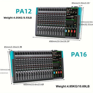 Consola de Mezcla de Audio Profesional DEPUSHENG - PA12/PA16, 12/16 Canales con Interfaz, Amplificador de Potencia, ABS Negro, Enchufe US, 110-130V
