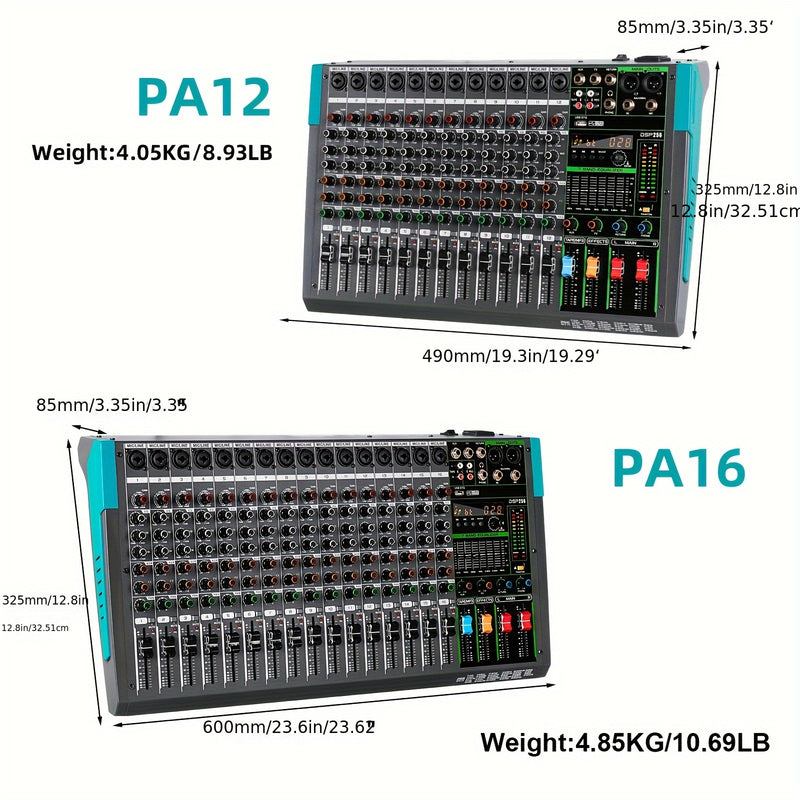 Consola de Mezcla de Audio Profesional DEPUSHENG - PA12/PA16, 12/16 Canales con Interfaz, Amplificador de Potencia, ABS Negro, Enchufe US, 110-130V