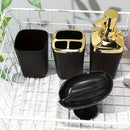 Juego de 4 accesorios para baño con rayas verticales, incluye dispensador de líquido, portacepillos, vaso para enjuague bucal y jabonera - Kit organizador esencial para baño, material plástico