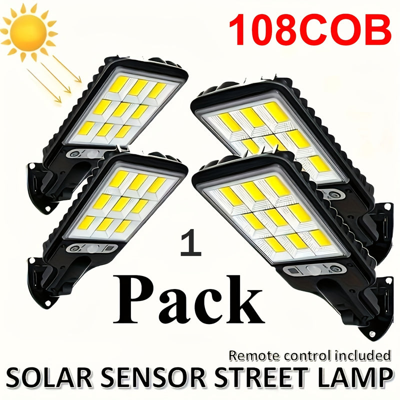 1 foco solar con control remoto, 90 LED COB, sensor de movimiento, montaje semiempotrado, material plástico, acabado pulido, plegable, accesorio desmontable, carga solar, batería de litio recargable, montaje en pared, incluye hardware de instalación
