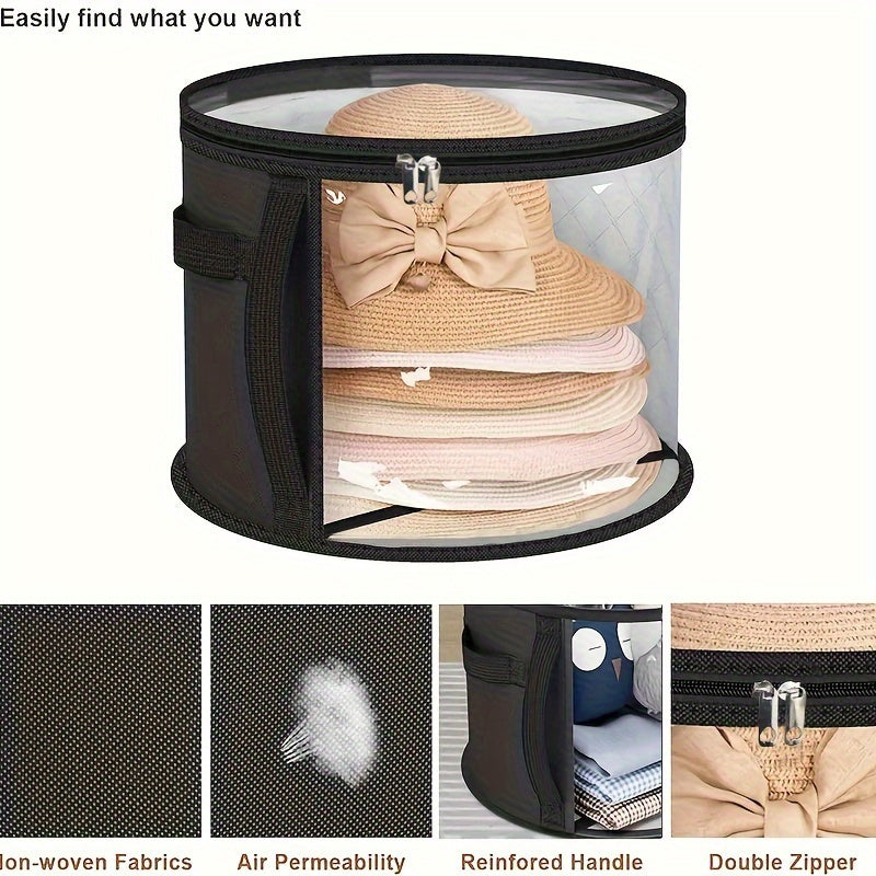 1pc Organizador de almacenamiento de sombreros de tela ClearView, contenedor de sombreros apilable redondo con ventana frontal grande, cesta de almacenamiento de ropa con cremallera portátil para sombreros de playa y ala ancha