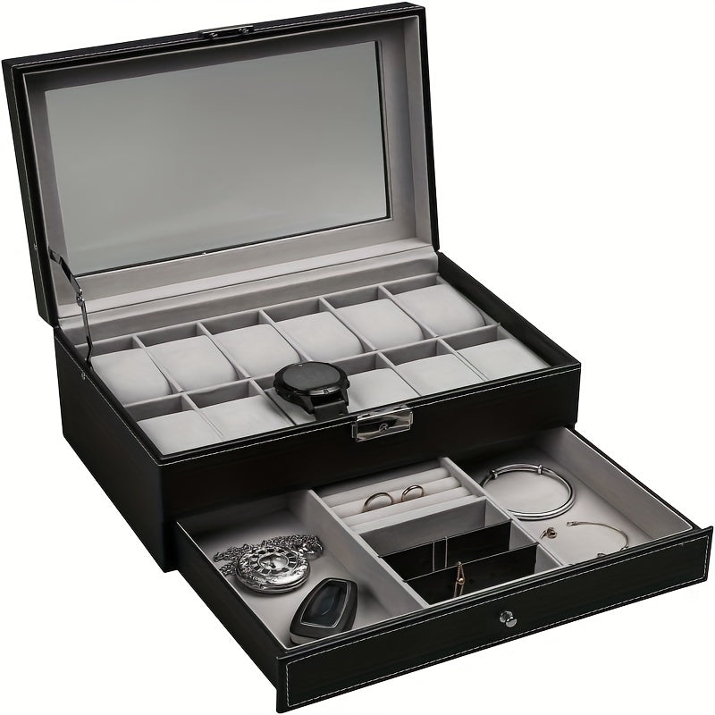 1 Pieza, Caja De Almacenamiento De Reloj Con Cerradura De Cuero PU De 12 Ranuras, Caja De Exhibición De Joyería Para Hombres Y Mujeres Con Cajón, Caja De Exhibición De Gafas De Reloj De 2 Capas Con Cubierta De Vidrio